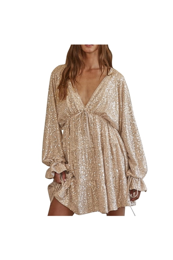 2025 Fall Fashion Women Dresses Sequin Saprkly Mini Dress Long Sleeve V Neck High Waist Dress Party Prom Cocktail Glitter Dress (Gold,M)