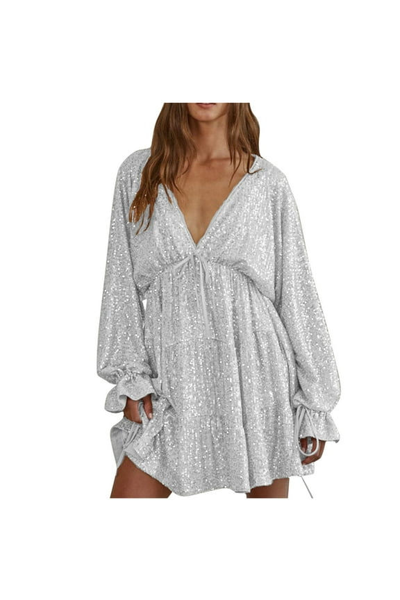 2025 Fall Fashion Women Dresses Sequin Saprkly Mini Dress Long Sleeve V Neck High Waist Dress Party Prom Cocktail Glitter Dress (White,XL)