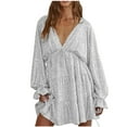 thumbnail image 1 of Efsteb 2025 Fall Fashion Women Dresses Sequin Saprkly Mini Dress Long Sleeve V Neck High Waist Dress Party Prom Cocktail Glitter Dress (White,XXL), 1 of 7
