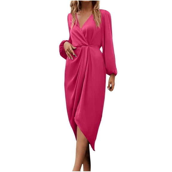Efsteb 2025 Fall Fashion Women Work Dresses Business Casual Elegant Office Dress Lantern Long Sleeve V Neck Split Front Cocktail Midi Dresses (Hot Pink,XL)
