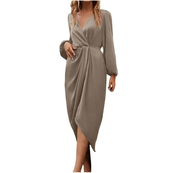 Efsteb 2025 Fall Fashion Women Work Dresses Business Casual Elegant Office Dress Lantern Long Sleeve V Neck Split Front Cocktail Midi Dresses (Khaki,L)