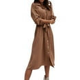 thumbnail image 1 of Efsteb 2025 Fall Fashion Womens Button Down Shirt Dresses Rolled Sleeve Lapel Drawstring Tie Midi Dress Casual Loose Solid Dresses (Khaki,M), 1 of 6