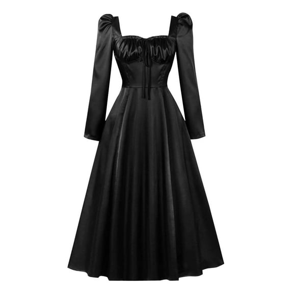 Efsteb 2025 Fashion Evening Dresses for Women Elegant Pleated Midi Cocktail Dress Turndown Collar Puff Sleeve Party Dress (Black,L)