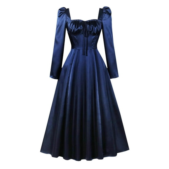 Efsteb 2025 Fashion Evening Dresses for Women Elegant Pleated Midi Cocktail Dress Turndown Collar Puff Sleeve Party Dress (Navy,S)