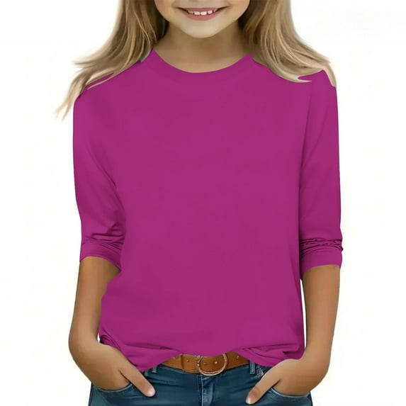 Efsteb 3/4 Sleeve Shirts for Girls Kids Round Neck Three-quarter Sleeve Tops Comfy Casual Loose Cute Solid Color Summer Tee Shirt(Hot Pink,4-5 Years )