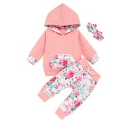 Efsteb 3 Pieces Newborn Baby Girl Clothes Infant Outfits Set Casual Long Sleeve Hoodies Top Floral Print Long Pant with Headband Outfits Sets (Pink_A,0-6 Months)