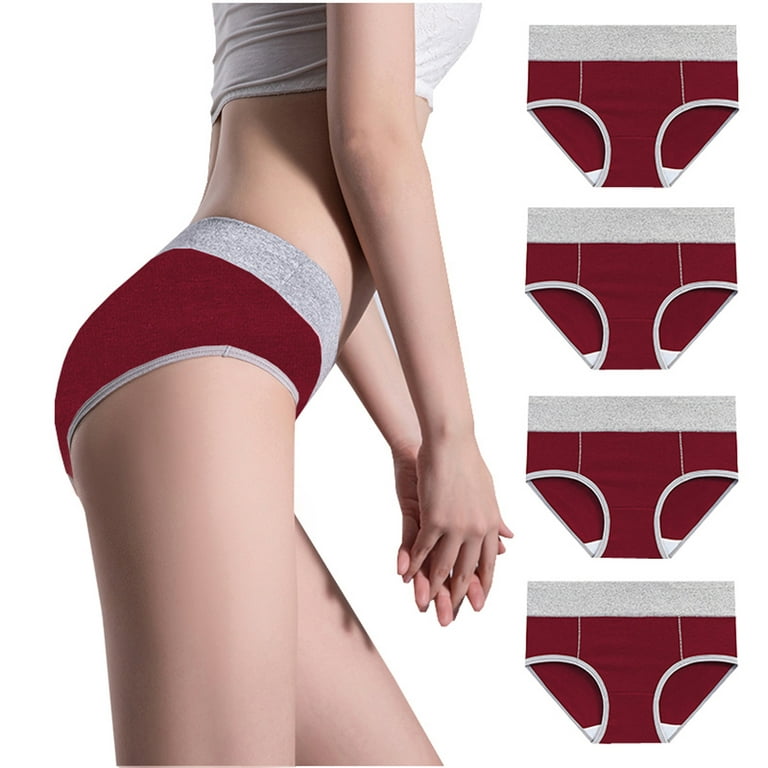 Efsteb 4 Pack Womens Underwear Cotton Solid Color Patchwork Briefs  Underwear Knickers Panties Briefs Breathable Comfortable Lingerie Wine 