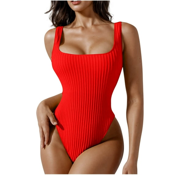 Efsteb 4th of July Swimsuits for Women Women's Swimsuits Summer Sleeveless Tank Square Neck Strappy Swimwear High Cut Tie Back Swimsuit Ribbed Bathing Suit (Red,M)