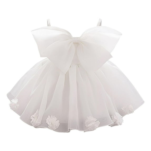 Efsteb 6M-3Y Newborn Baby Girl Dress Clothes Cute Bow Tie Front Strappy Princess Flower Dresses Formal Elegant Layered Lace Gowns (White,12 Months)