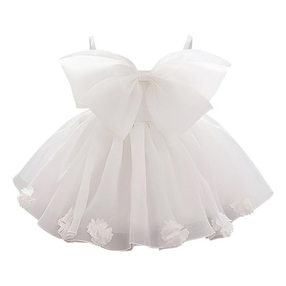 Efsteb 6M-3Y Newborn Baby Girl Dress Clothes Cute Bow Tie Front Strappy Princess Flower Dresses Formal Elegant Layered Lace Gowns (White,6 Months)