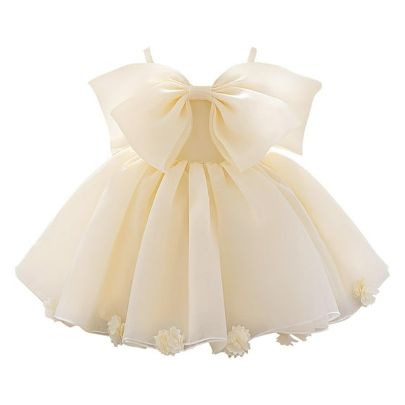 Efsteb 6M-3Y Newborn Baby Girl Dress Clothes Cute Bow Tie Front Strappy Princess Flower Dresses Formal Elegant Layered Lace Gowns (Yellow,12 Months)