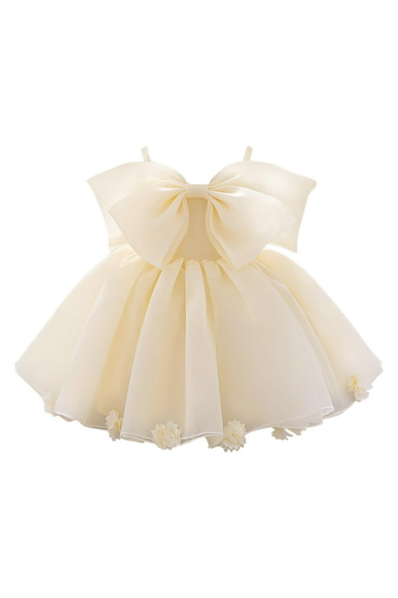6M-3Y Newborn Baby Girl Dress Clothes Cute Bow Tie Front Strappy Princess Flower Dresses Formal Elegant Layered Lace Gowns (Yellow,12 Months)