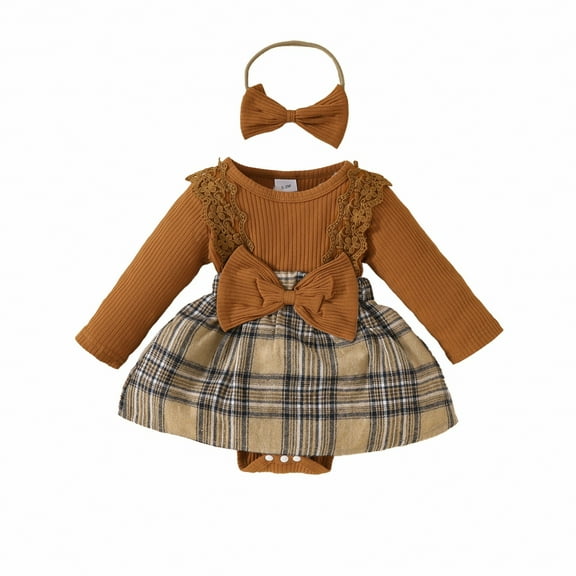 Efsteb Baby Girl Clothes Fall Winter Outfits Cute Romper Dress Plaid Skirt Ruffle Long Sleeve Jumpsuit Headband (Brown,0-3 Months)
