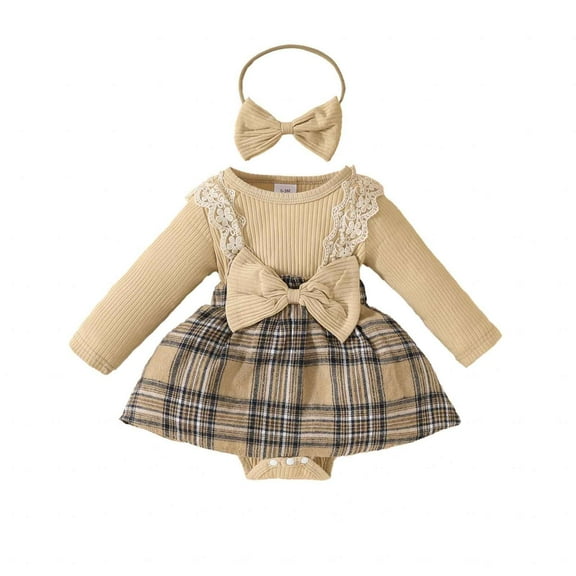 Efsteb Baby Girl Clothes Fall Winter Outfits Cute Romper Dress Plaid Skirt Ruffle Long Sleeve Jumpsuit Headband (Khaki,9-12 Months)