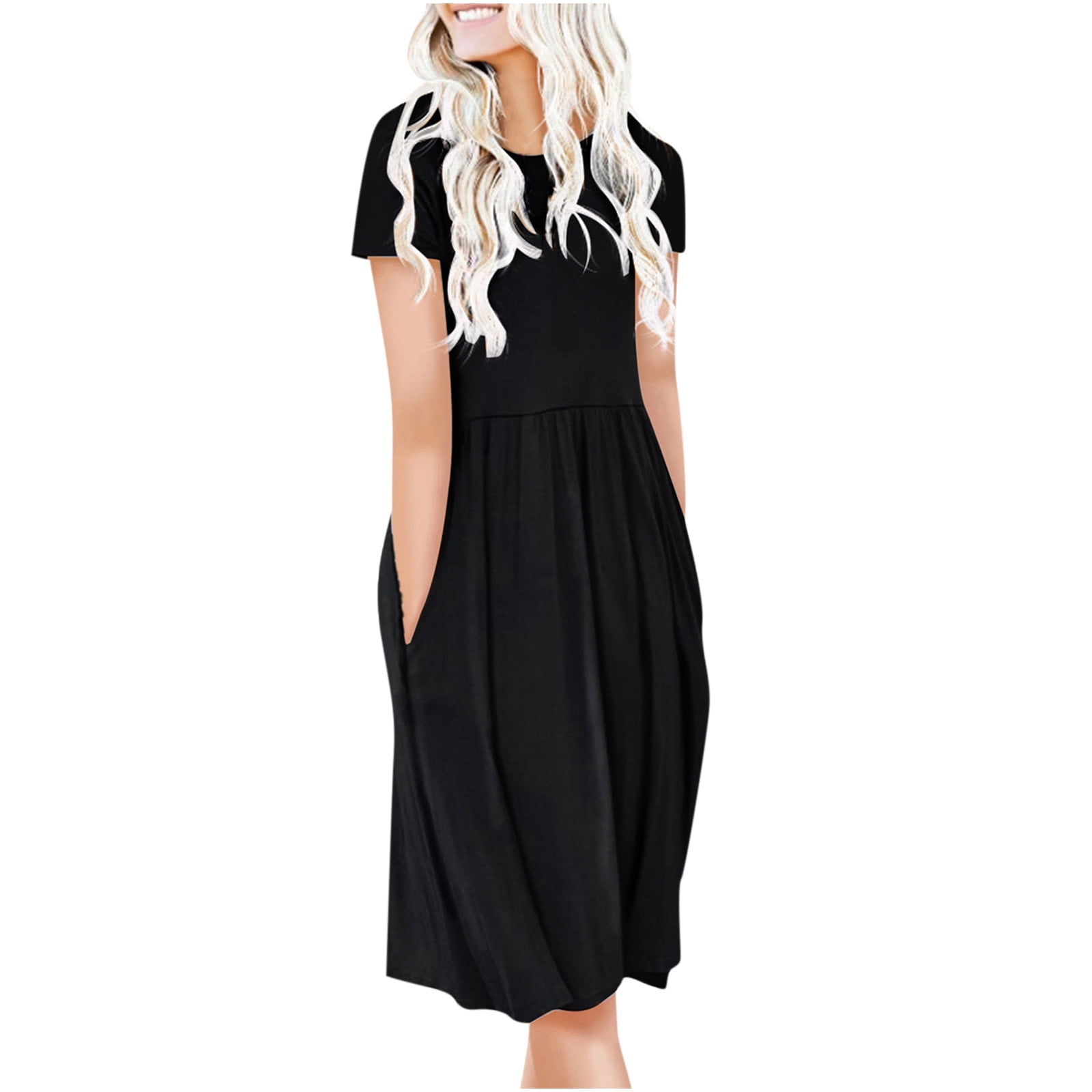 Efsteb Womens Dresses Casual Summer Dress Slim Solid Color Dresses Round  Neck Short Sleeve Dress Pleated Dress Wine M 