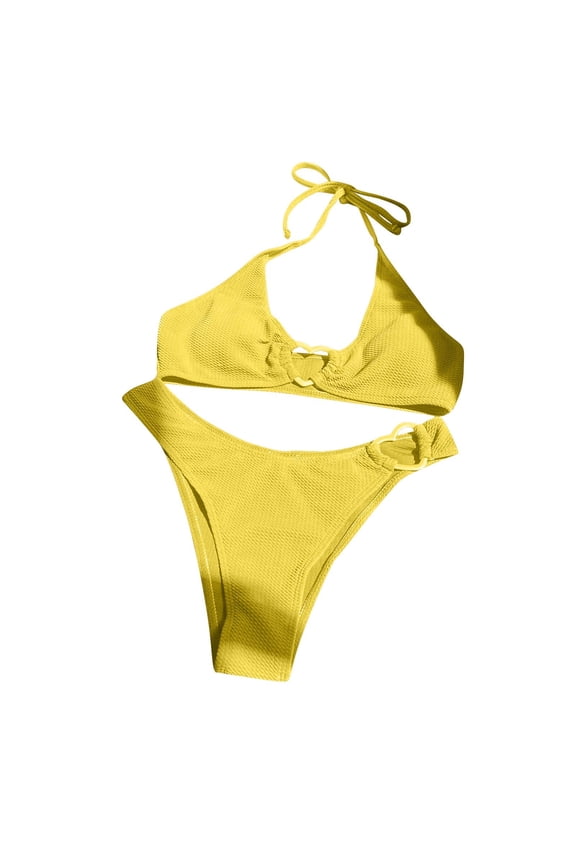 Bikini Sets for Women Fashion Bathing Suits Two Piece Swim Suit Halter Bandage Backless Split Swimsuit Bikini Sets Solid Color Swimwear (Yellow,S)