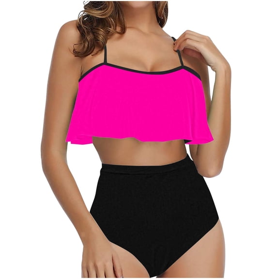 Efsteb Bikini Sets for Women High Waisted Spaghetti Straps Bathing Suit Two Piece Swimsuits High Waist Bikini Solid Color Beach Summer Swimwear (Hot Pink,S)