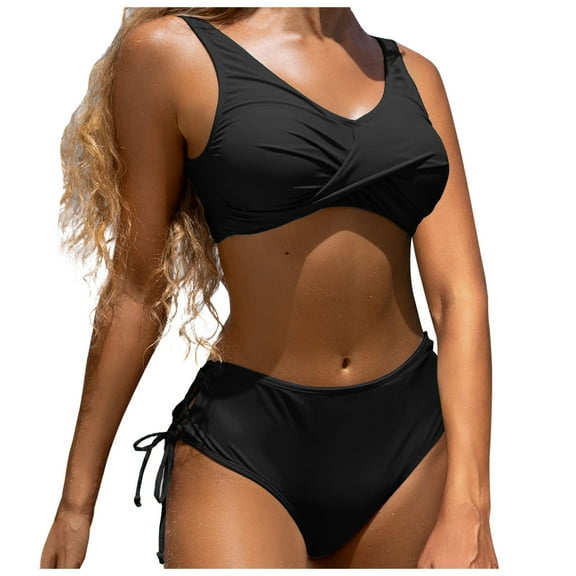 Efsteb Bikinis Sets for Women Beach Summer Two Piece Swimsuits High Waist Bikini Solid Color V Neck Bathing Suit Swimwear (Black,XL)