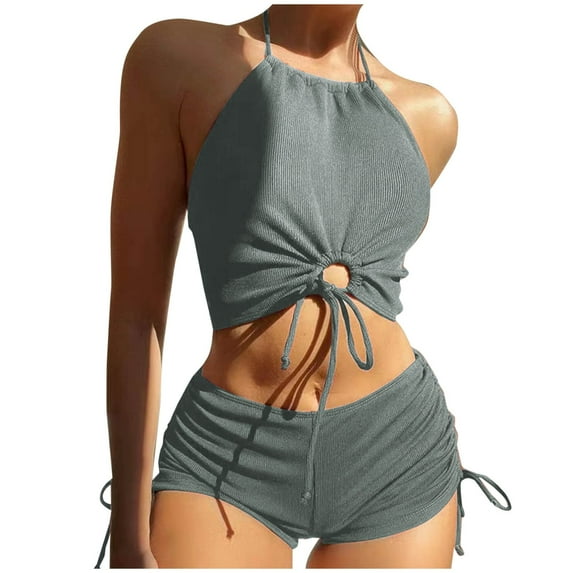 Efsteb Bikinis Sets for Women Fashion Solid Color Bathing Suits Halter Bandage Bikini Sets Two Piece Swim Suit Swimwear (Gray,M)