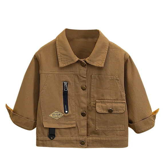 Efsteb Boys Denim Jacket Long Sleeve Lapel Button Denim Coats Casual Comfy Jacket Solid Color Coat (Khaki,4 Years)