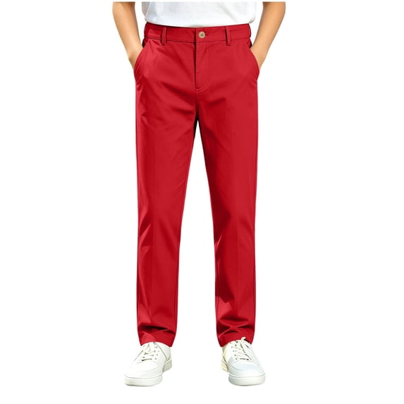 Efsteb Boys Dress Pants Button Zipper Straight Leg School Uniform Pants Soft Durable Trousers for Casual Daily Occasion (Red,14-15 Years)
