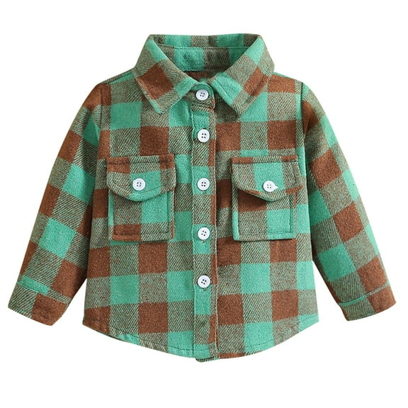 Efsteb Boys Jacket Flannel Plaid Shirt Jacket Long Sleeve Lapel Button Down Pocketed Shirts Regular Fit Casual Fall Coat (Green,3 Months)