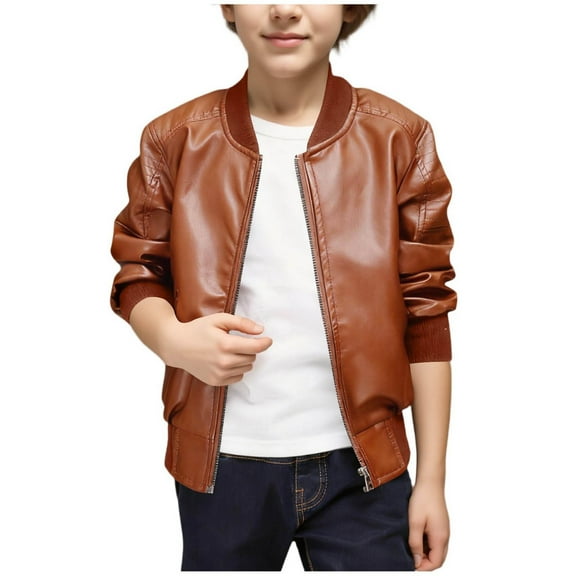 Efsteb Boys Leather Jackets Stand Up Collar Zip Up Jacket Casual Long Sleeve Faux Leather Jackets Warm Coats (Brown,13 Years)