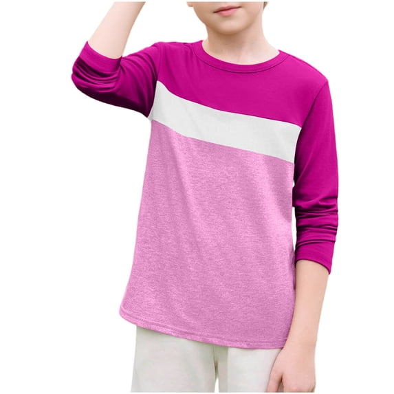 Efsteb Boys Long Sleeve Shirts Soft Color Block Print Comfy Casual Basic Tee Shirts Crew Neck Long Sleeve for Daily wear(Hot Pink,3 Years)