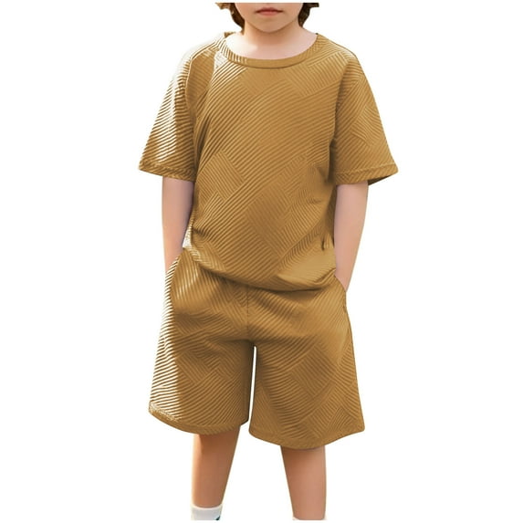 Efsteb Boys Summer Outfits 2 Piece Casual Set Short Sleeve Tshirt Elastic Waist Shorts Kid Clothing Sets Sweatsuit (Khaki,11-12 Years)