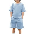 thumbnail image 1 of Efsteb Boys Summer Outfits 2 Piece Casual Set Short Sleeve Tshirt Elastic Waist Shorts Kid Clothing Sets Sweatsuit (Light Blue,5-6 Years), 1 of 7