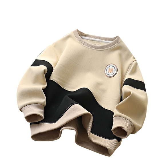 Efsteb Boys Sweatshirts Round Neck Sweatshirt Comfy Loose Fashion Long Sleeve Tops Cute Tops Patchwork Casual Pullover (Khaki,13 Years)