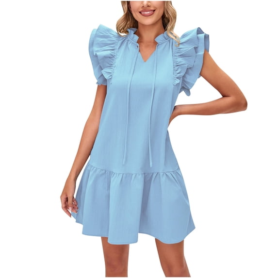 Efsteb Business Casual Dress for Women Elegant Dress Ruffles Sleeve Drawstring Pleated Dress Loose Short Sleeve Spring Crew Neck Solid Color Fashion ,Size:8
