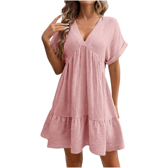 Efsteb Business Casual Dress for Women Plus Size Ruched Beach Vacation Dress Elegant Dress Fashion Short Sleeve Spring V-Neck Solid Color Loose ,Size:XXL