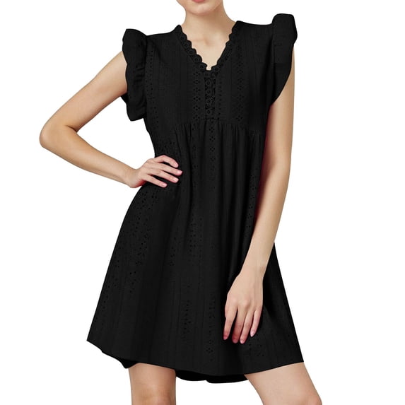 Efsteb Business Casual Dress for Women Spring V-Neck Fashion Solid Color Crochet Lace Trim Ruched Eyelet Dress Sleeveless Elegant Dress Loose ,Size:XL