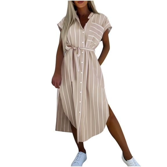 Efsteb Button Shirt Dresses for Women Cap Sleeve Belted Side Slit Casual Loose Striped Maxi Shirt Dress with Pockets （Beige，XL）