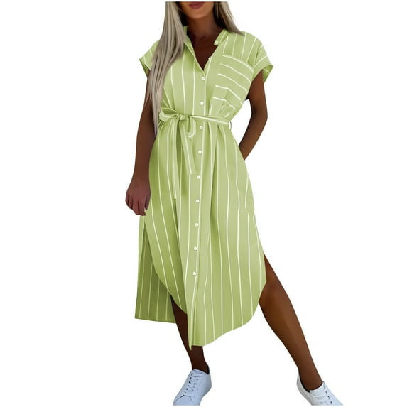Efsteb Button Shirt Dresses for Women Cap Sleeve Belted Side Slit Casual Loose Striped Maxi Shirt Dress with Pockets (Green,XXL)