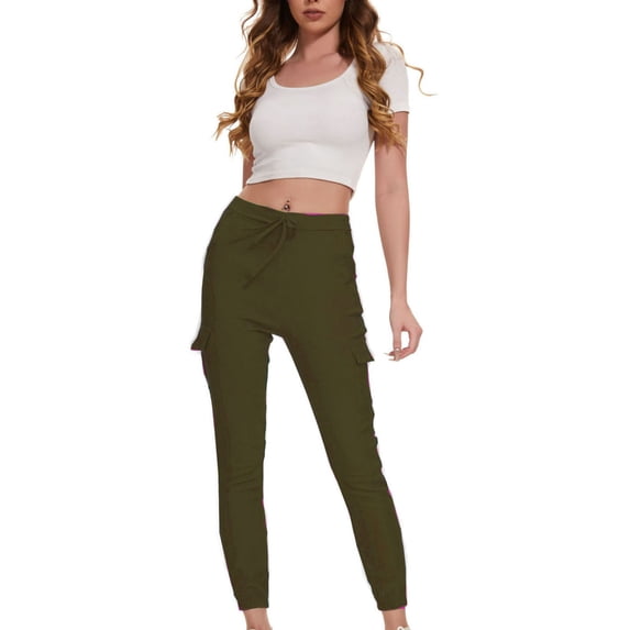 Efsteb Cargo Pants Women Solid Color Multi Bag Work Casual Pants Elastic Waist Lace Up Pants Slim Long Pants (Army Green,M)
