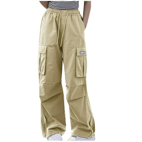 Efsteb Cargo Pants for Girls Children' Kids Drawstring Waist Y2K Pants Casual Wide Leg Trousers with Pockets (Khaki,5 Years)