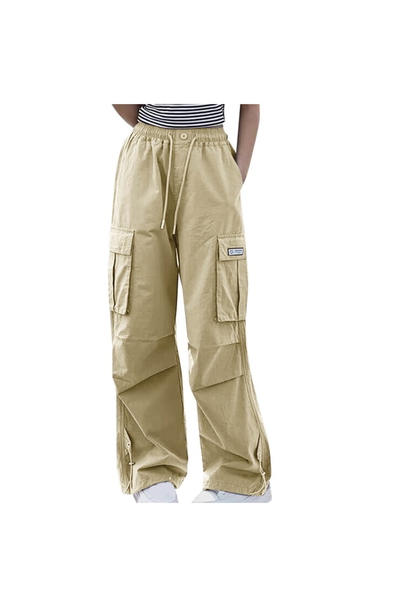 Cargo Pants for Girls Children' Kids Drawstring Waist Y2K Pants Casual Wide Leg Trousers with Pockets (Khaki,8 Years)