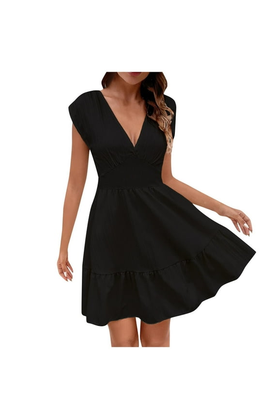 Casual Dresses for Women V-Neck Waist Pleated Sweet Fresh Dress Sleeveless Sundresses Fashion Comfy Classic Solid Color Loose Casual Spring Dresses (Black,S)