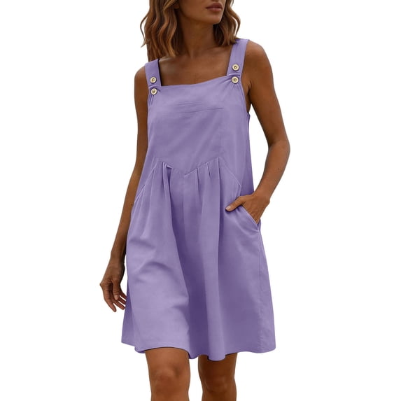 Efsteb Casual Dresses for Women Square Neck Button Pinafore Mini Dress Comfy Sleeveless A-Line Dress with Side Pockets (Purple,L)