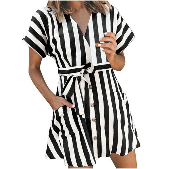 Efsteb Casual Dresses for Women Striped V Neck Short Sleeve Summer Mini Dress Button Up Short Dress （Black，S）