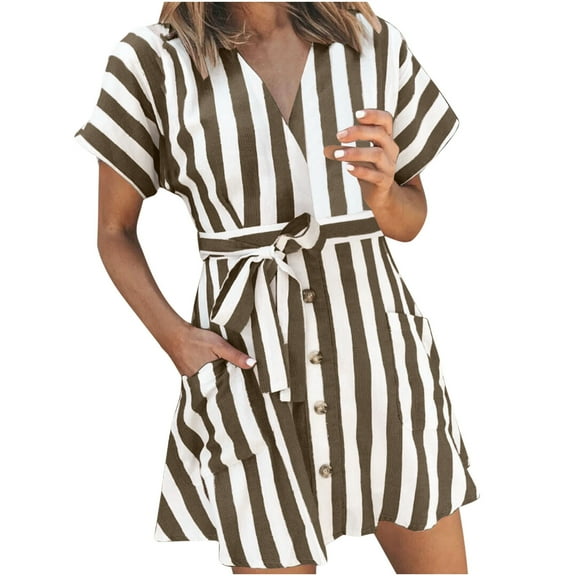 Efsteb Casual Dresses for Women Striped V Neck Short Sleeve Summer Mini Dress Button Up Short Dress （Brown，L）