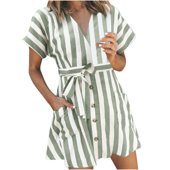 Efsteb Casual Dresses for Women Striped V Neck Short Sleeve Summer Mini Dress Button Up Short Dress （Green，XXL）