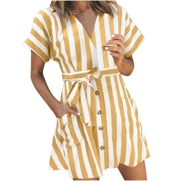 Efsteb Casual Dresses for Women Striped V Neck Short Sleeve Summer Mini Dress Button Up Short Dress （Yellow，S）