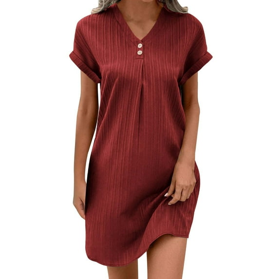 Efsteb Casual Short Sleeve Summer Dresses for Women Solid Color V Neck Beach Dress Mini T Shirt Sundresses Dressy Work Ouftits (Wine,M)