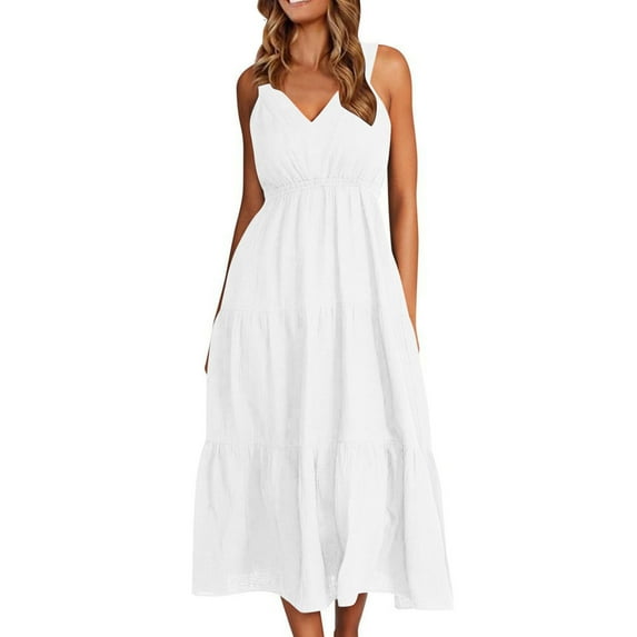 Efsteb Casual Summer Dresses for Women V-Neck Pleated Midi Beach Dress Solid Color Sleeveless Summer Fashion Casual Sundresses Comfy Dresses (White,L)
