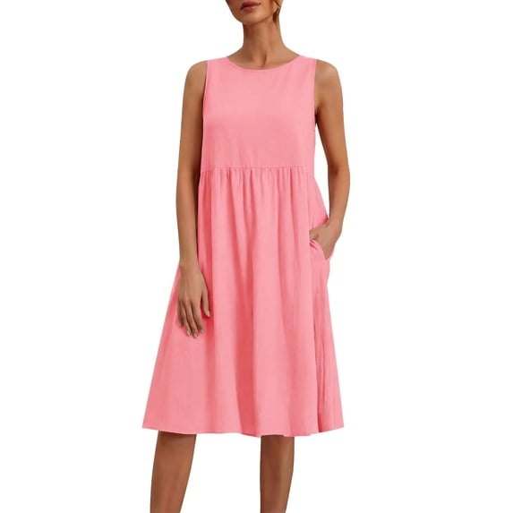 Efsteb Casual Summer Dresses for Women Sleeveless Round Neck A-Line Midi Dress Solid Color Comfy Loose Dress with Side Pockets (Pink,L)