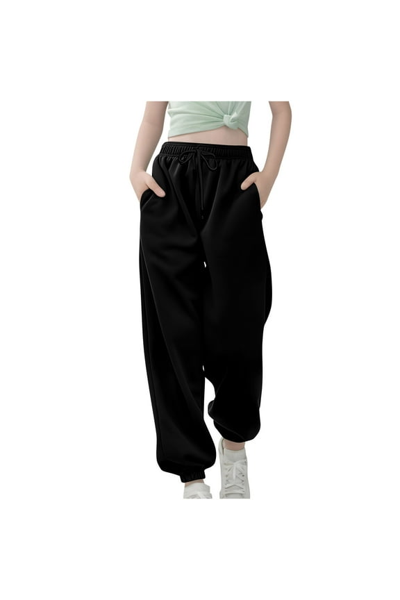 Children Kids Girls Jogging Sweatpants Elastic Waistband Drawstring Sports Trousers Long Training Casual Pants Sweatpants (Black,9 Years)