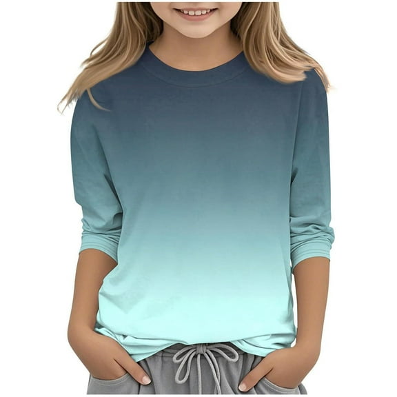 Efsteb Children's Kids Girls 3/4 Sleeve T Shirts Round Neck Three-quarter Sleeve Tops Summer Comfy Cute Gradient Color Loose Casual Blouses(Mint Green,7-8 Years )